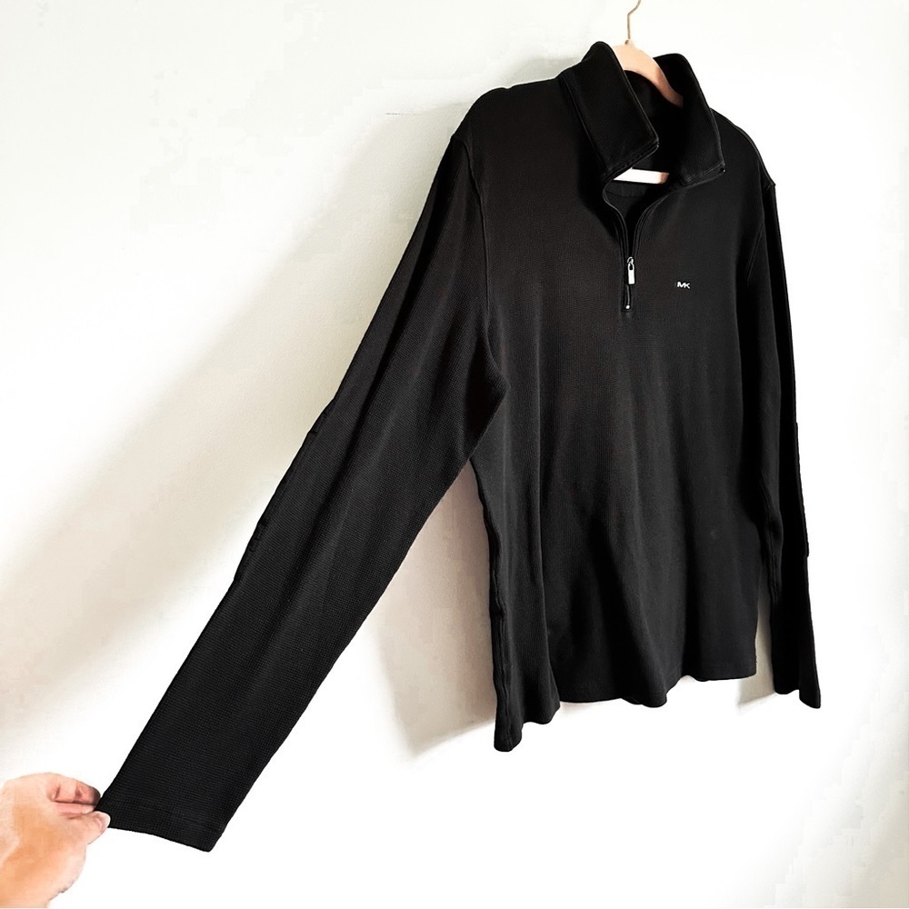 Michael Kors Black Waffle Knit 3/4 Zip Pullover Top sz Medium - Picture 2 of 8